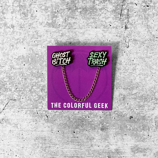 GHOST BITCH / SEXY TRASH Lapel Pin Collar Chain Set